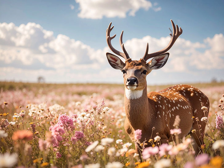 お花畑の中の美しい鹿