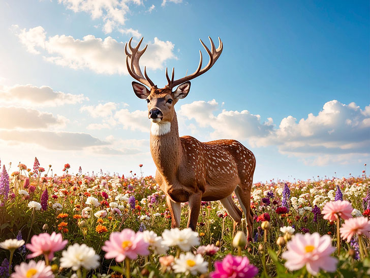 お花畑の中の美しい鹿