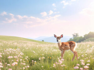 お花畑の中の美しい鹿