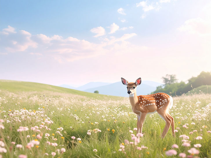 お花畑の中の美しい鹿