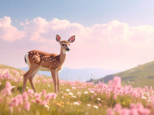 お花畑の中の美しい鹿