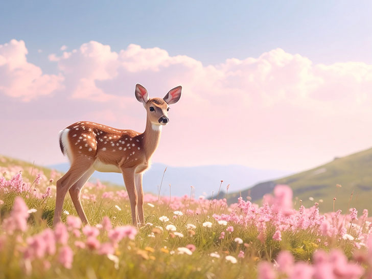 お花畑の中の美しい鹿