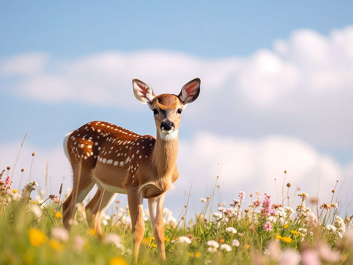 お花畑の中の美しい鹿