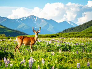 お花畑の中の美しい鹿