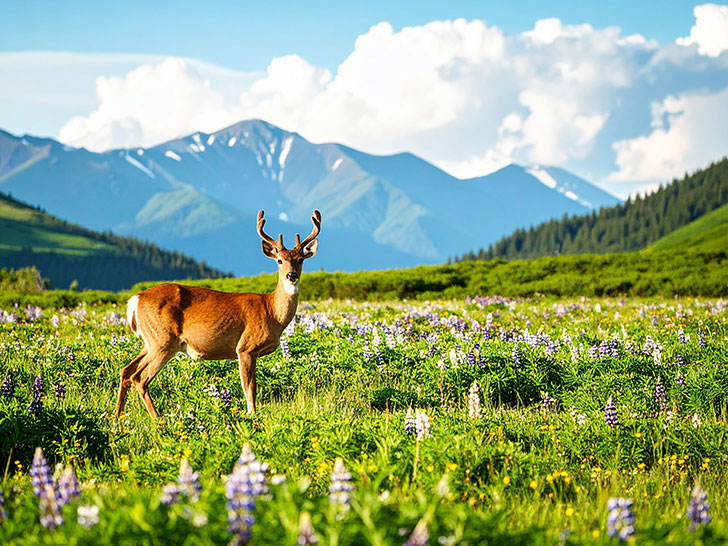 お花畑の中の美しい鹿