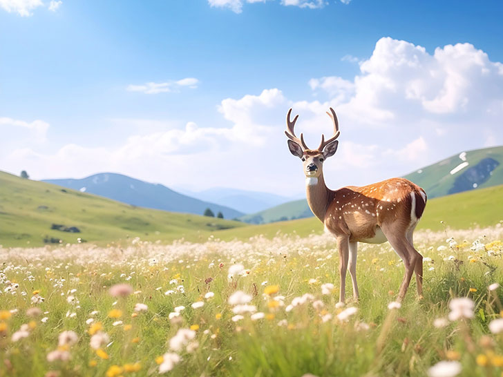 お花畑の中の美しい鹿