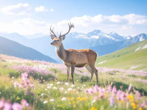 お花畑の中の美しい鹿