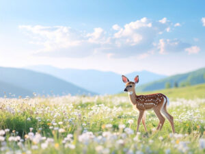 お花畑の中の美しい鹿