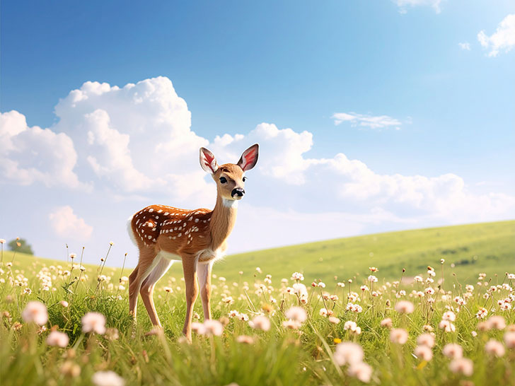 お花畑の中の美しい鹿