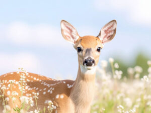 お花畑の中の美しい鹿