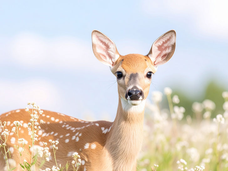 お花畑の中の美しい鹿