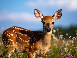 お花畑の中の美しい鹿