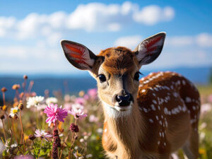 お花畑の中の美しい鹿