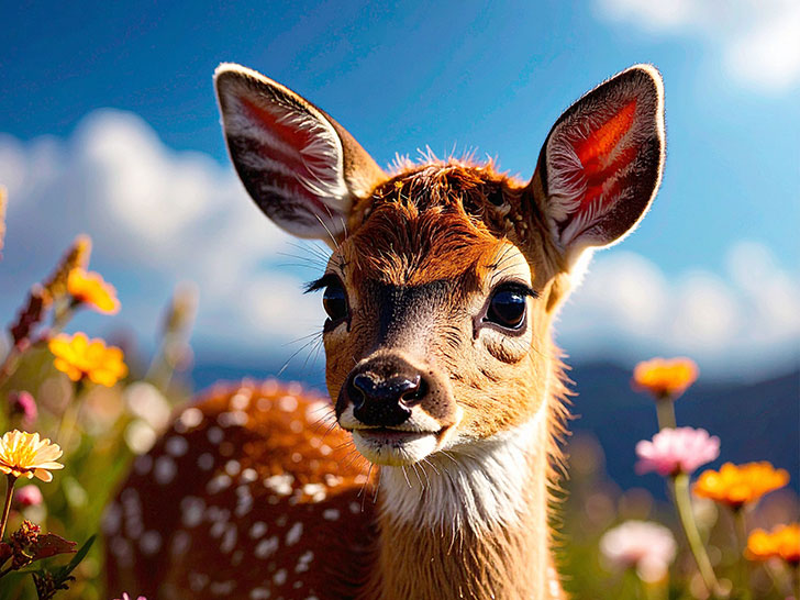 お花畑の中の美しい鹿