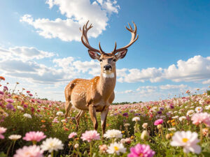お花畑の中の美しい鹿