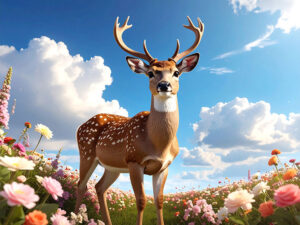 お花畑の中の美しい鹿