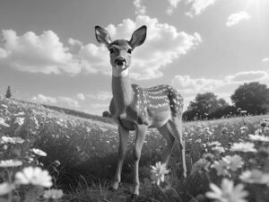 お花畑の中の美しい鹿