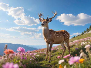 お花畑の中の美しい鹿