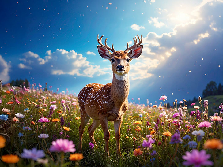 お花畑の中の美しい鹿