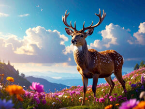 お花畑の中の美しい鹿