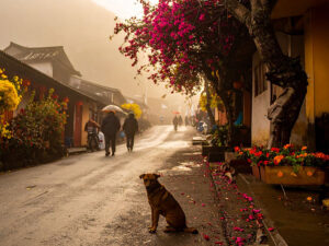 道端にたたずむ野良犬
