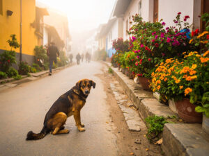 道端にたたずむ野良犬