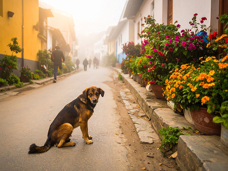 道端にたたずむ野良犬