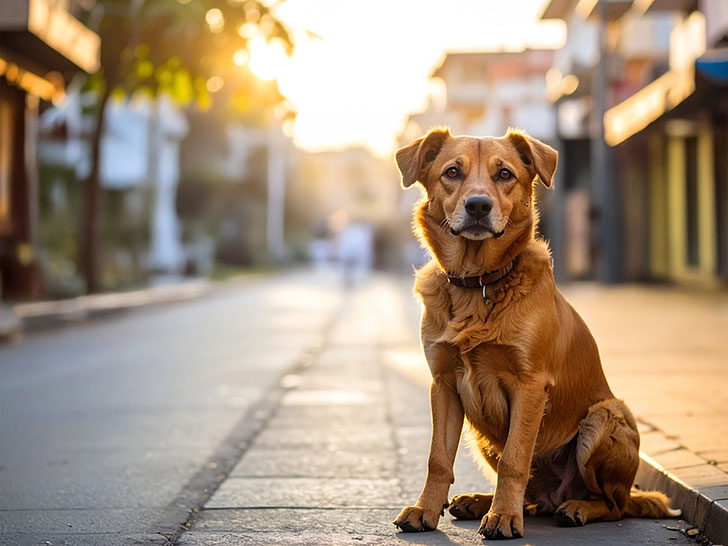 道端にたたずむ野良犬