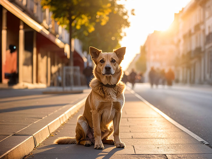 道端にたたずむ野良犬