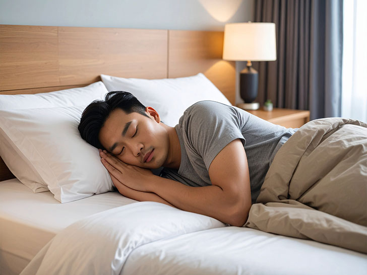 ベッドで眠る若い男性