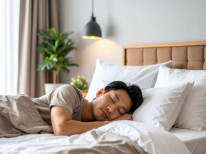 ベッドで眠る若い男性