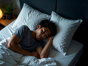 ベッドで眠る若い男性