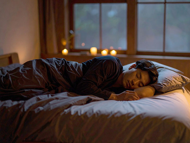 ベッドで眠る若い男性