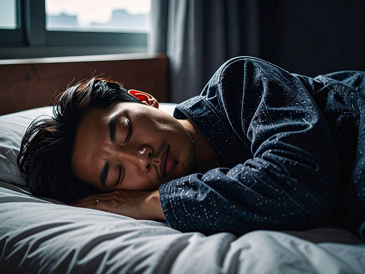 ベッドで眠る若い男性