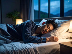 ベッドで眠る若い男性