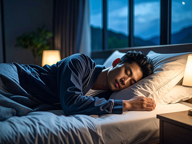 ベッドで眠る若い男性