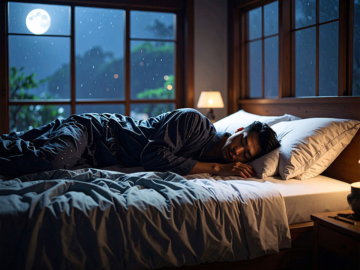 ベッドで眠る若い男性