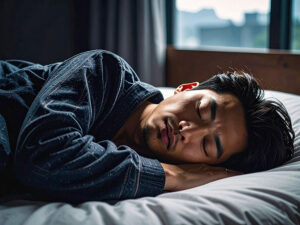 ベッドで眠る若い男性
