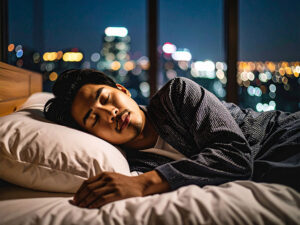 ベッドで眠る若い男性