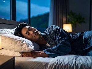 ベッドで眠る若い男性