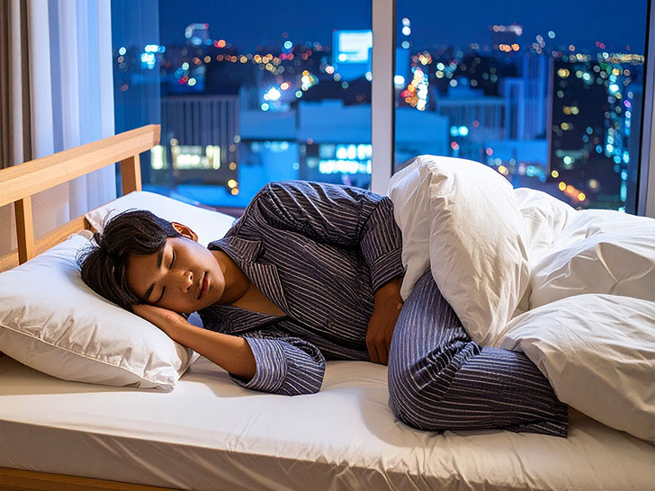 ベッドで眠る若い男性