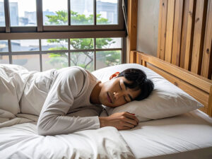ベッドで眠る若い男性