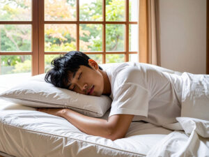 ベッドで眠る若い男性