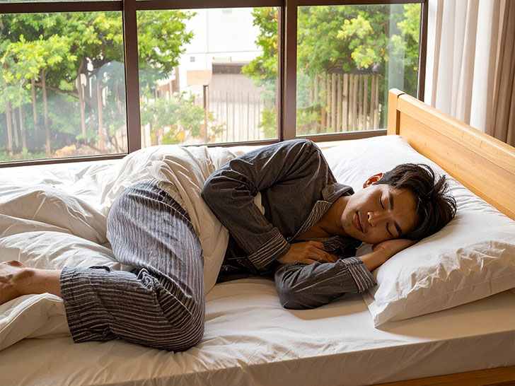 ベッドで眠る若い男性