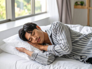 ベッドで眠る若い男性