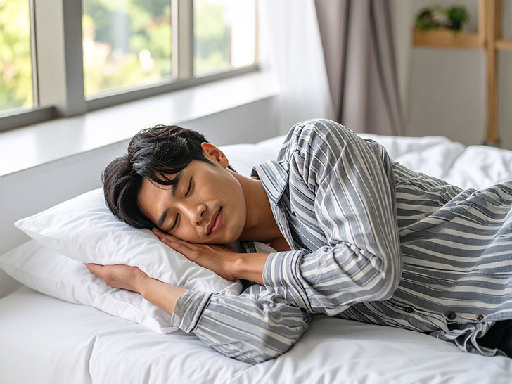 ベッドで眠る若い男性