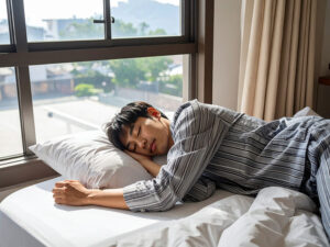 ベッドで眠る若い男性