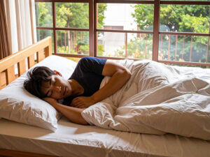 ベッドで眠る若い男性