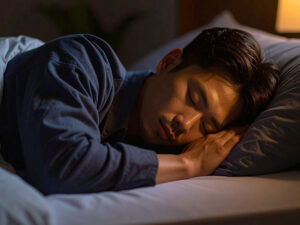 ベッドで眠る若い男性