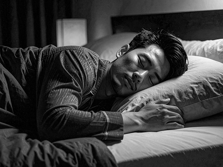 ベッドで眠る若い男性